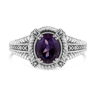 .925 Sterling Silver Prong Set Natural Oval Shape 9X7 Mm Purple Amethyst Solitaire And Diamond Accent Ring (I-J Color, I1-I2 Clarity) - Ring Size 7