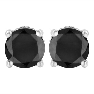 14K White Gold 3.00 Cttw Round Brilliant-Cut Black Diamond Classic 4-Prong Stud Earrings With Screw Backs (Fancy Color-Enhanced, I2-I3 Clarity)