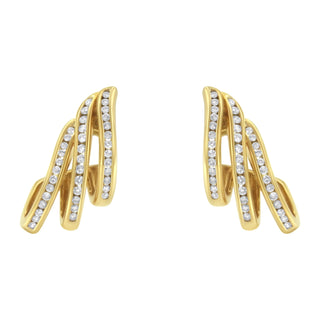 10K Yellow Gold 1.0 Cttw Round Brilliant Cut Diamond Spiral Multi Row Channel Set Open Hoop Pushback Stud Earrings (H-I Color, I1-I2 Clarity)