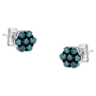 Sterling Silver Treated Blue Diamond Floral Stud Earrings (0.5 Cttw, Blue Color, I2-I3 Clarity)