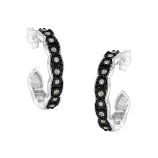 Black Rhodium And .925 Sterling Silver 1/4 Cttw Miracle Plate Set Diamond "C" Shape Hoop Earring(I-J Color, I3 Clarity)