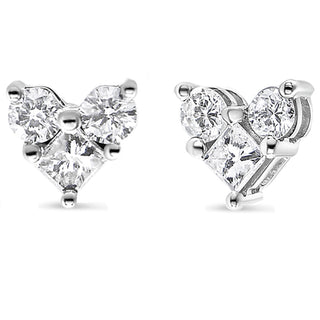 10K White Gold 1/2 Cttw Diamond 3 Stone Trio Heart Stud Earring (I-J Color, I1-I2 Clarity)