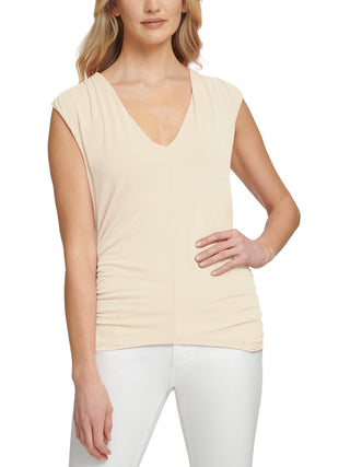 DKNY Women's Rouched V Neck Pullover Top Ivory Size Large