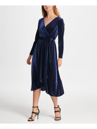 DKNY Women's Long Sleeve V Neck Tea Length Wrap Dress Evening Dress Blue Size 2