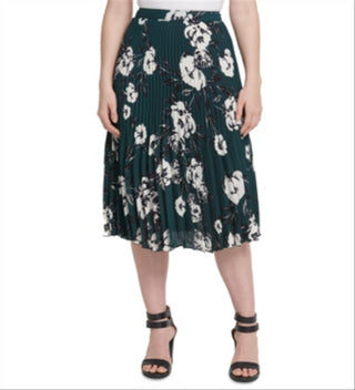 DKNY Women's Floral Print Pleated MIDI Skirt Green Size 10