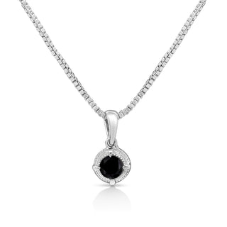 .925 Sterling Silver 1/10 Cttw Treated Black Diamond Solitaire 18" Milgrain Pendant Necklace (Black Color, I1-I2 Clarity)