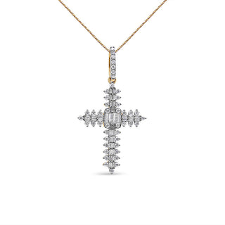 10K Yellow Gold 7/8 Cttw Round & Baguette Diamond Zigzag Pattern Cross Pendant Necklace (H-I Color, Si2-I1 Clarity) - No Chain Included