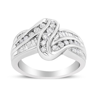 10K White Gold Ring 3/4 Cttw Round And Baguette-Cut Diamond Bypass Ring (H-I Color, I2-I3 Clarity) - Size 6