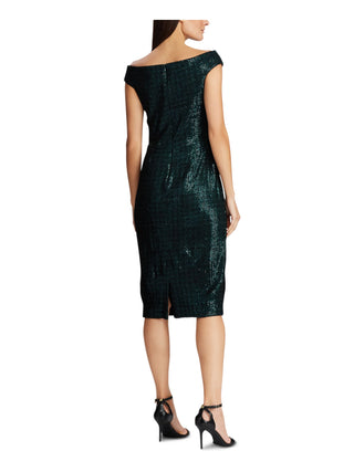 Ralph Lauren Women's Sequined Off Shoulder Tea Length Formal Body Con Dress Green Size 2