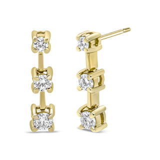 14K Yellow Gold 1/4 Cttw Round Diamond 3 Stone Graduated Linear Drop Past, Present And Future Stud Earrings (J-K Color, Si1-Si2 Clarity)