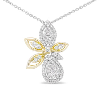 14K White And Yellow Gold 5/8 Cttw Round Diamond Marquise Floral Style 18" Pendant Necklace (H-I Color, I1-I2 Clarity)