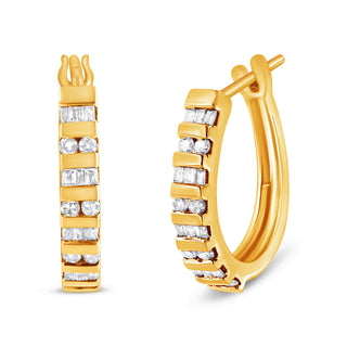 10K Yellow Gold 1/2 Cttw Round And Baguette-Cut Diamond Hoop Earrings (I-J Color, I2-I3 Clarity)