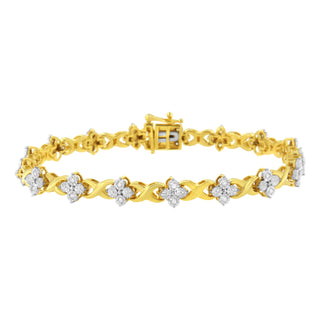 10K Yellow Gold Plated Sterling Silver 1/4 Cttw Diamond 4 Leaf Clover Link Tennis Bracelet (I-J Color, I2-I3 Clarity) - Size 7.25"