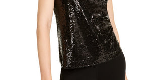 Maison Jules Women's Short Sleeve Sequined Top  Black Size -XXS