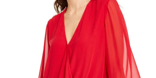 Thalia Sodi Women's Sheer-Sleeve Embellished Top Bright Red Size Small