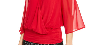 Thalia Sodi Women's Sheer-Sleeve Embellished Top Bright Red Size Small