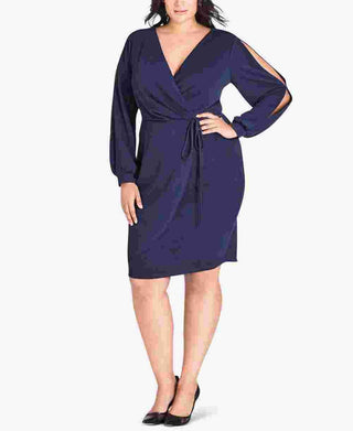 City Chic Women's Trendy Split Sleeve Faux Wrap Dress Blue SizeXS