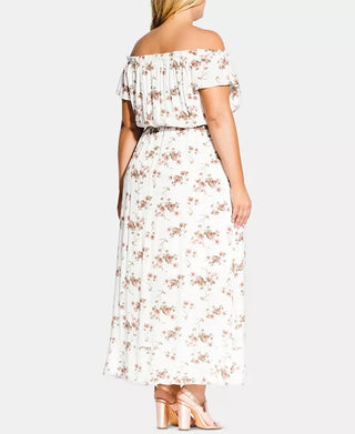 City Chic Women's Trendy Plus Size Floral-Print Off-The-Shoulder Dress White Size 24W