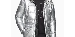 Calvin Klein Men's Metallic Puffer Parka With Faux Fur Trim Silver Size Small