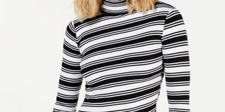 Say What? Junior's Striped Crossover Hem Mock Neck Sweater Black-White Size X-Small