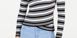 Say What? Junior's Striped Crossover Hem Mock Neck Sweater Black-White Size X-Small