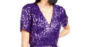Leyden Women's Sequined Short Sleeve V Neck Short Sheath Party Dress Purple Size Large