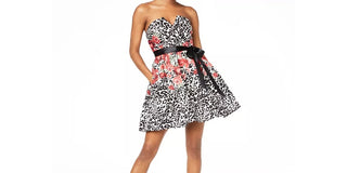 Teeze Me Women's Belted Printed Sleeveless Strapless Short Fit Flare Party Dress Black Size 7