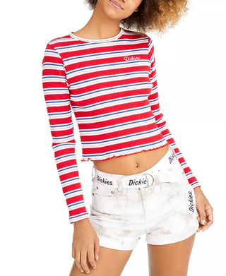 Dickies Women's Stripe Long Sleeve Crop T-Shirt Red Size X-Small