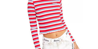 Dickies Women's Stripe Long Sleeve Crop T-Shirt Red Size X-Small