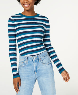 Hooked Up by IOT Junior's Shine Striped Rib Knit Sweater Blue Size Small