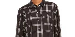Tommy Hilfiger Women's Windowpane Plaid Roll Tab Shirt Grey Size XXLarge