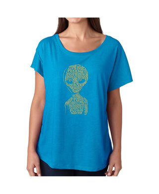 LA Pop Art Women's Dolman Cut Word Art Shirt Alien Blue Size X-Large