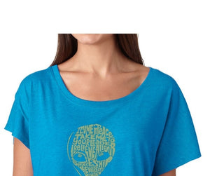 LA Pop Art Women's Dolman Cut Word Art Shirt Alien Blue Size X-Large