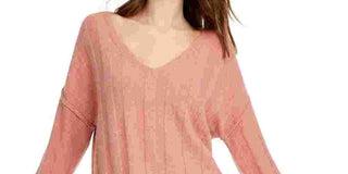 Pink Rose Juniors' Ribbed Raw-Hem Sweater Orange Size Large