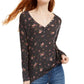 Ultra Flirt Junior's Floral Print Waffle Texture Henley Top Black- Size X-Small