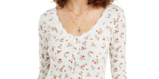 Ultra Flirt Junior's Lace Trim Floral Print Pointelle Top White Size Medium