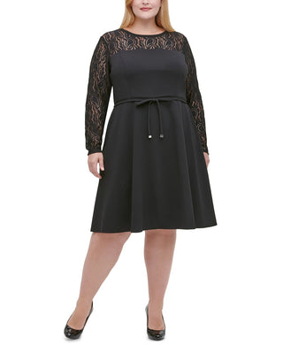 Tommy Hilfiger Women's Lace Sleeve Fit & Flare Dress Black Size 14W