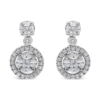 18K White Gold 2.0 Cttw Round Shape Diamond Composite Halo Dangle Stud Earring (F-G Color, Vs1-Vs2 Clarity)