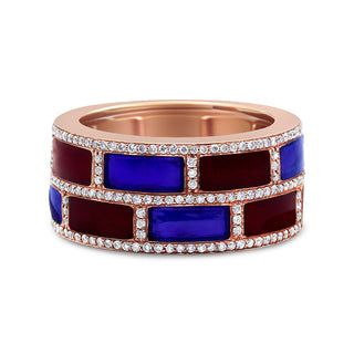 18K Rose Gold Alternating Red And Blue Enamel And 1/2 Cttw Diamond Studded Band Ring (F-G Color, Vs1-Vs2 Clarity) - Ring Size 7