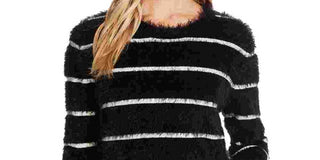 CeCe Women's Frayed Long Sleeve Jewel Neck Sweater Black Size X-Large