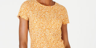 Self Esteem Women's Floral Short Sleeve Crew Neck T-Shirt Top Yellow Size Medium