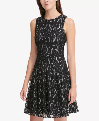 Tommy Hilfiger Women's Printed Sleeveless Jewel Neck Short Fit Flare Party Dress Black Size 6