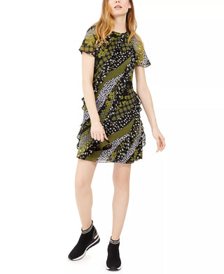 Michael Kors Women's Mixed-Print Ruffled Dress Green Size 6