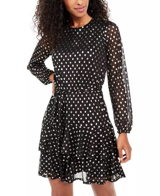 City Studios Women's Black Ruffled Printed Dolman Sleeve Jewel Neck  Dress Black Size XX-Small