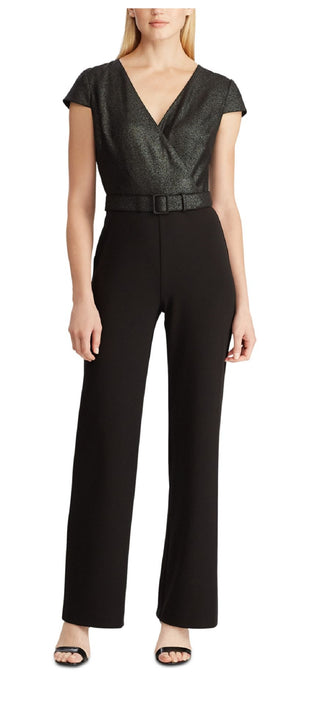 Ralph Lauren Women's Black Belted Glitter Wrap Short Sleeve V Neck T-Shirt Straight Leg Wear To Work Jumpsuit Black Size 12