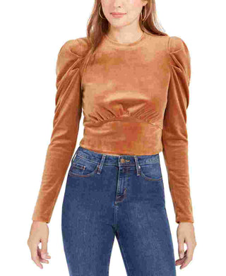 Kit & Sky Women's Velvet Jewel Neck Pullover Top Tan L Brown Size Large