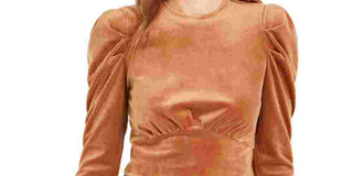 Kit & Sky Women's Velvet Jewel Neck Pullover Top Tan L Brown Size Large