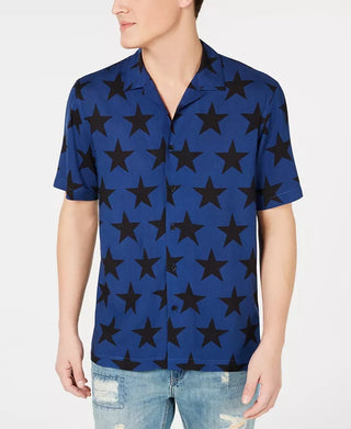 American Rag Men's Star Print Camp Collar Shirt Blue Size Large