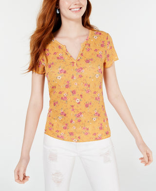 Ultra Flirt Women's Floral Short Sleeve V Neck Top Yellow Size X-Small
