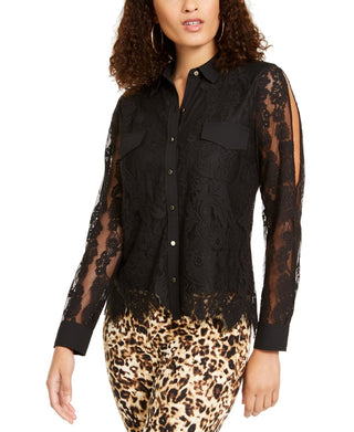 Thalia Sodi Women's Mixed Media Button Up Shirt Black Size XX-Large